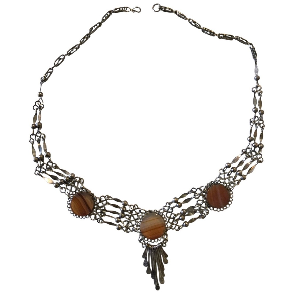 Vintage Agate Statement Necklace Silver Tone Tribal Boho Bib